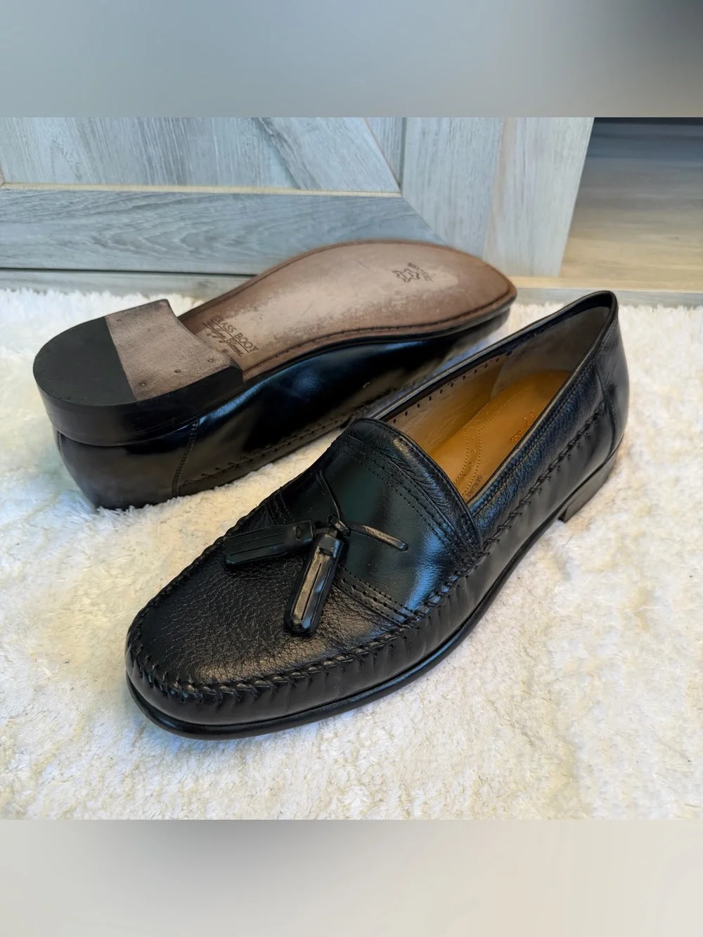Brass Boot Loafers Black Leather Tassel Moc Round Toe Shoes Size 11.5